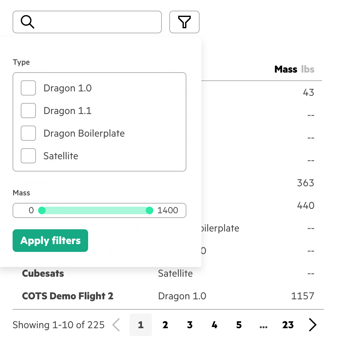 Filters for type and mass displayed in a drop over a datatable presenting SpaceX data.